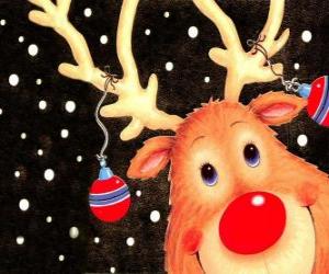 yapboz Rudolf, kırmızı burun ren geyiği, Noel süslemeleri süslenmiş kafa
